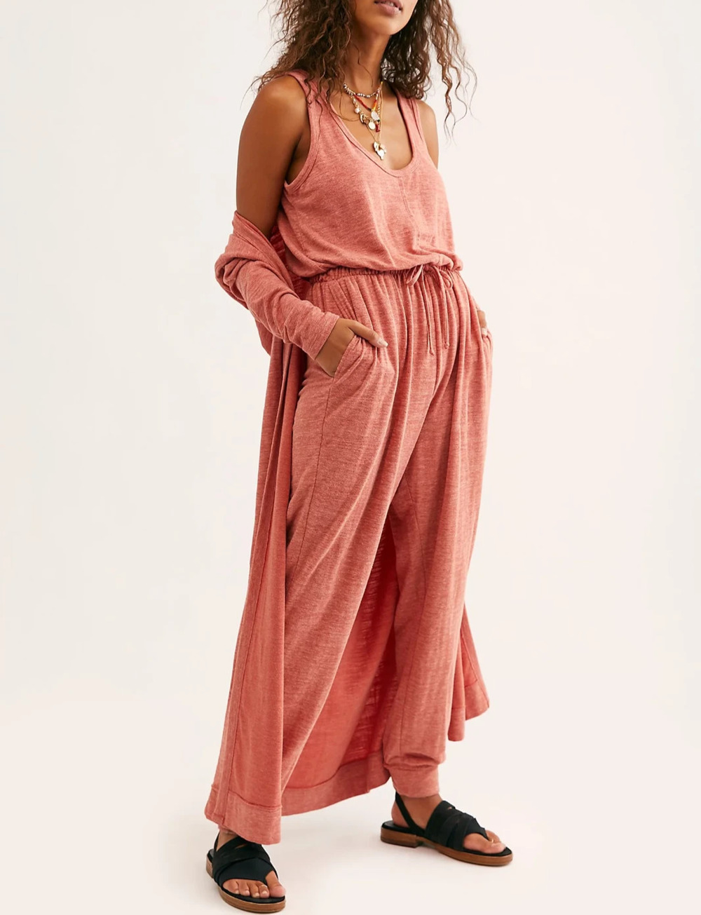 Free People Intimately Jumpsuit Women L Clay Drawstring Scoop Neck